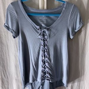 light blue tie-up blouse